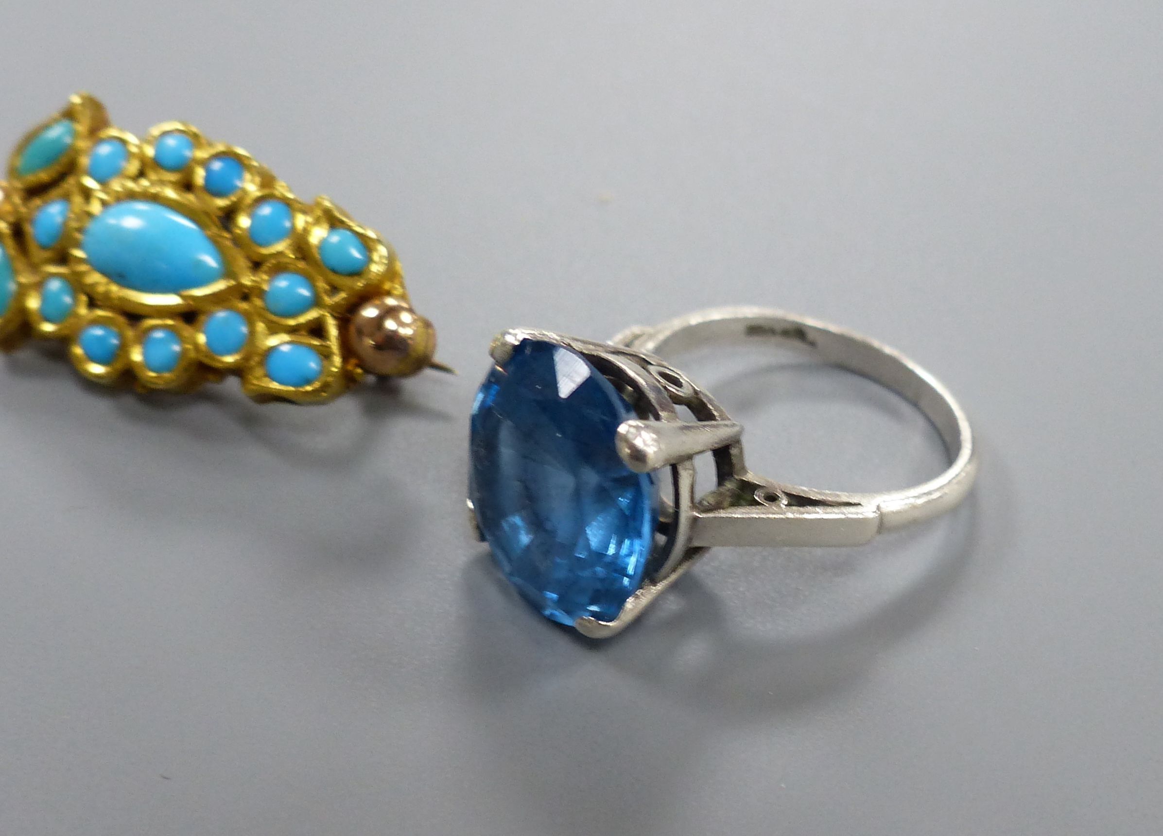 A pair of 9ct gold seed pearl and turquoise set earrings and three other items,